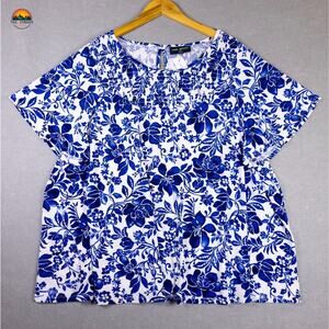 NWT Lane Bryant Blouse Top Blue Floral Short Sleeve Pullover Women's 26/28